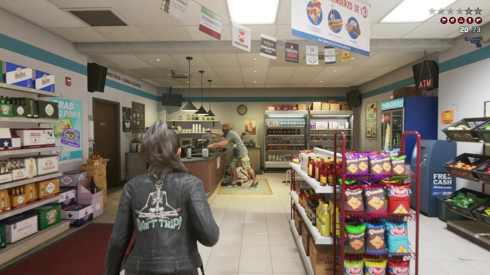 Rapina a mano armata in un minimarket pieno di marchi di birra e snack finti del gioco (Pisswasser, scritto con la doppia S finale a forma di Eszett, Pindayho, Stronzo, XERO, Quack, Phat, Helles) appesi al soffitto e sugli scaffali; la donna con la giacca "Don't Trip!" e un complice tengono sotto tiro il personale.