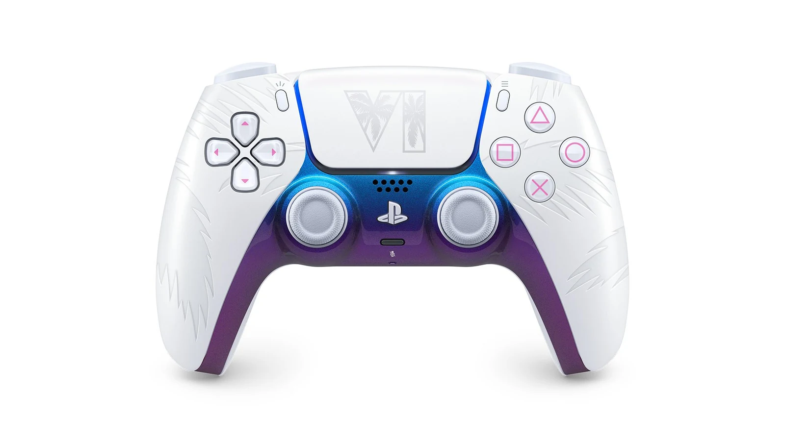 Vista frontale del controller DualSense bianco di GTA VI.