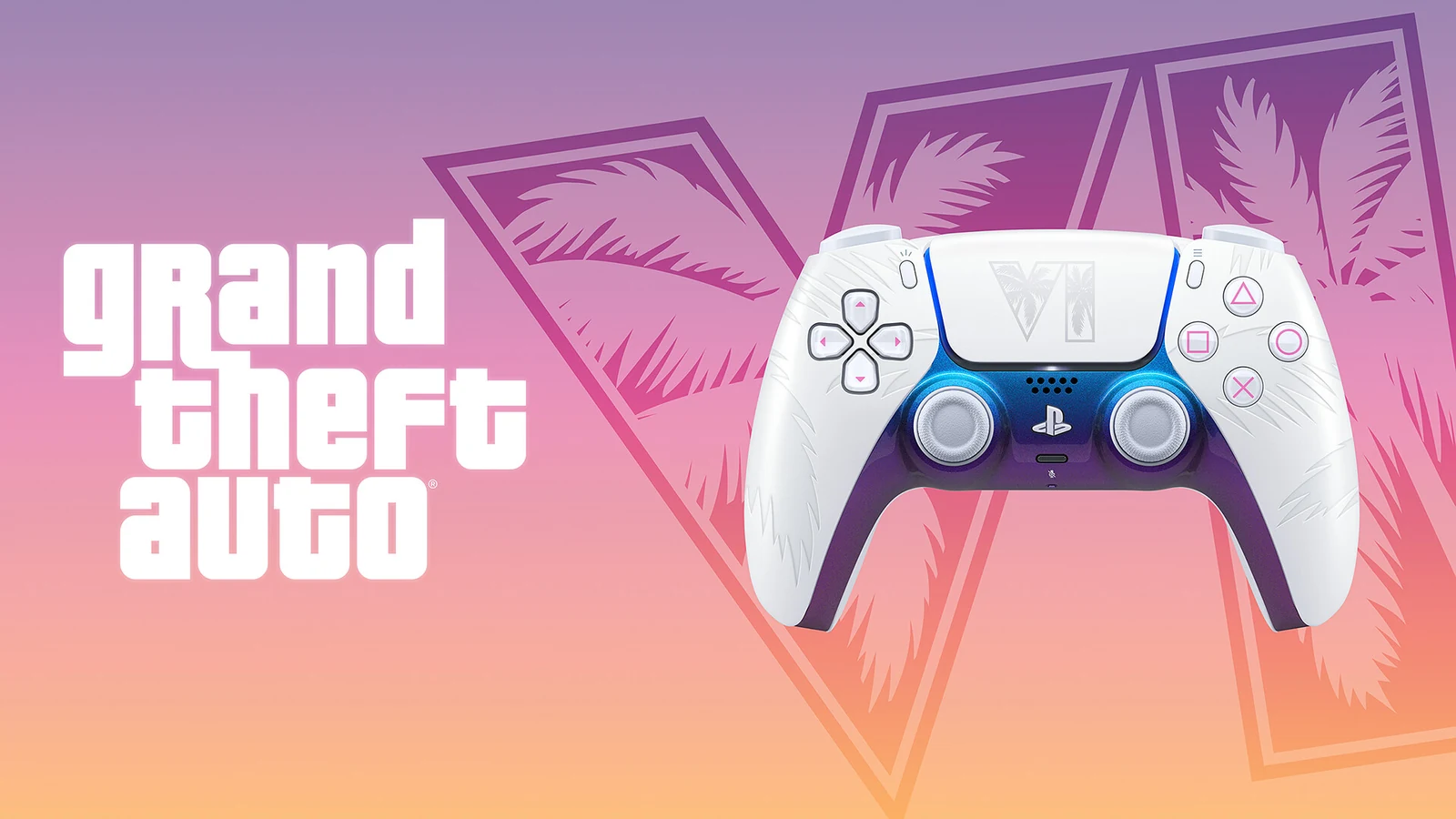 Il controller DualSense bianco di GTA VI, davanti al logo del gioco.