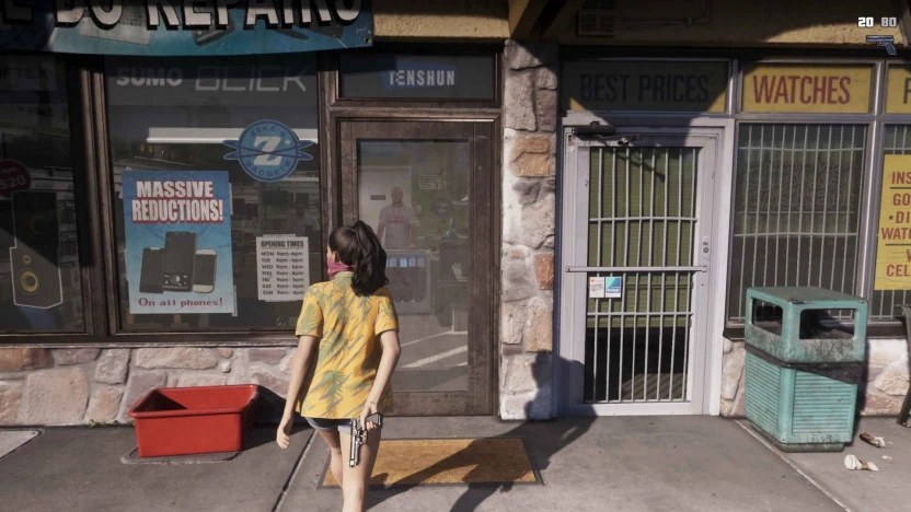 Lucia davanti all’ingresso di un banco dei pegni nel filmato ufficiale di GTA 6.