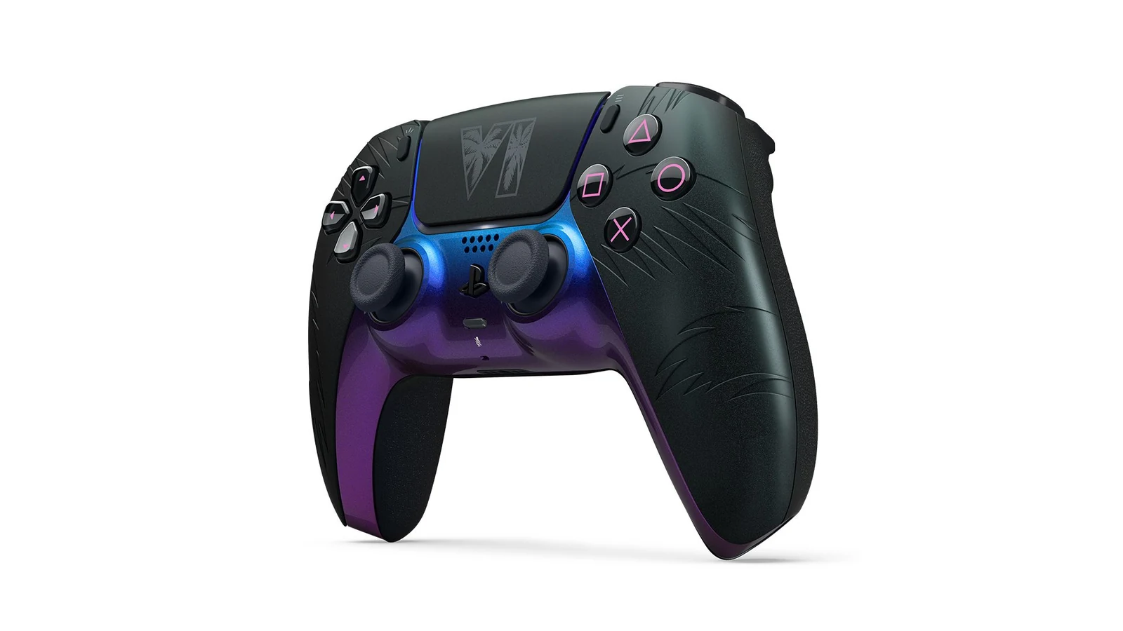 Vista di tre quarti del controller DualSense nero di GTA VI.