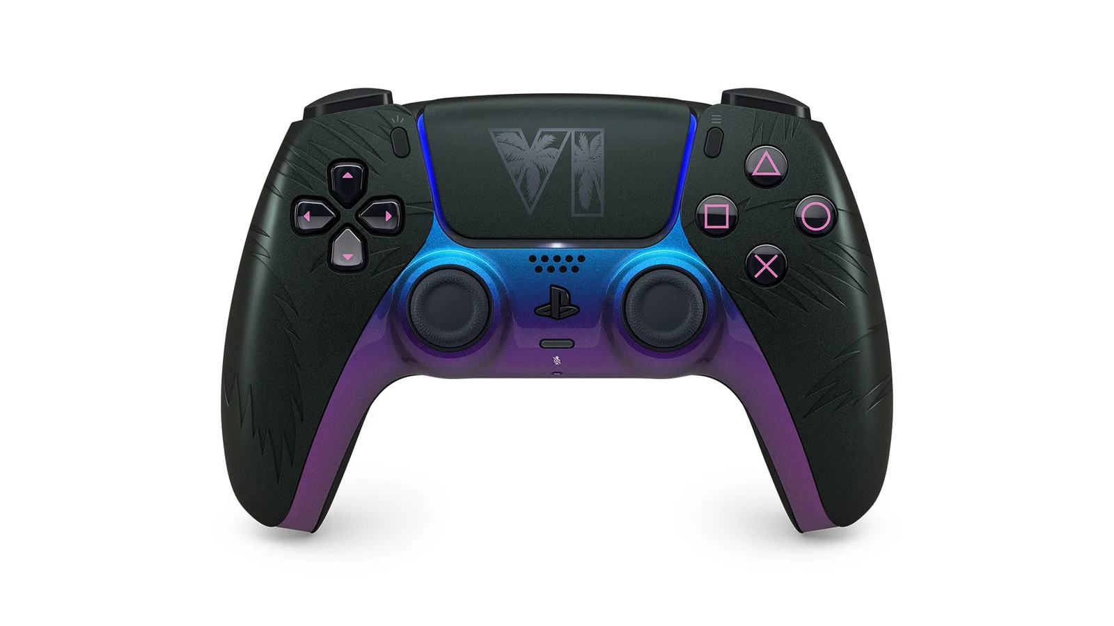 Vista frontale del controller DualSense nero di GTA VI.