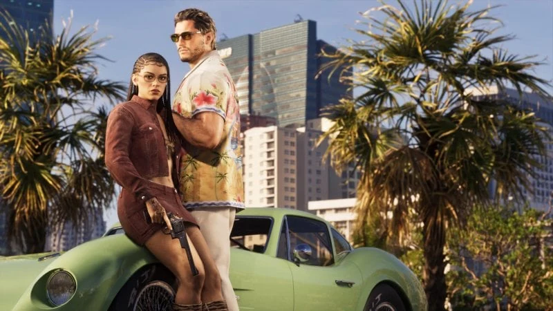 Jason e Lucia accanto a un’automobile a Vice City.