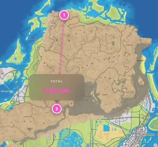 Sovrapposizione della mappa di Red Dead Redemption 2 al nord di una ricostruzione di Leonida, con una linea di 4,91 chilometri fra due punti.