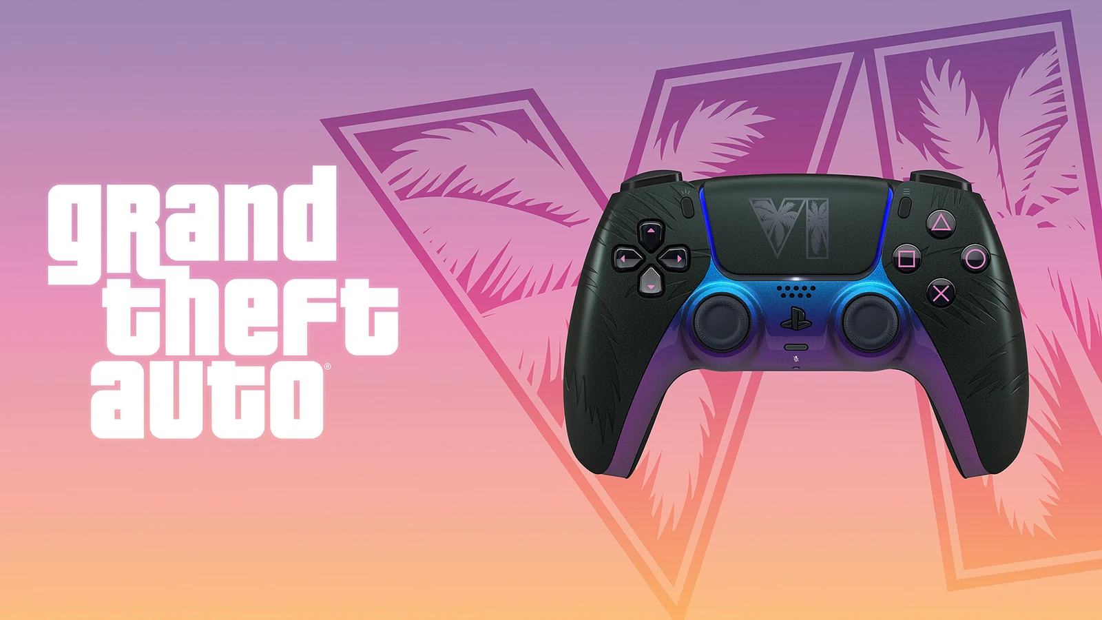 Il controller DualSense nero di GTA VI, davanti al logo del gioco.