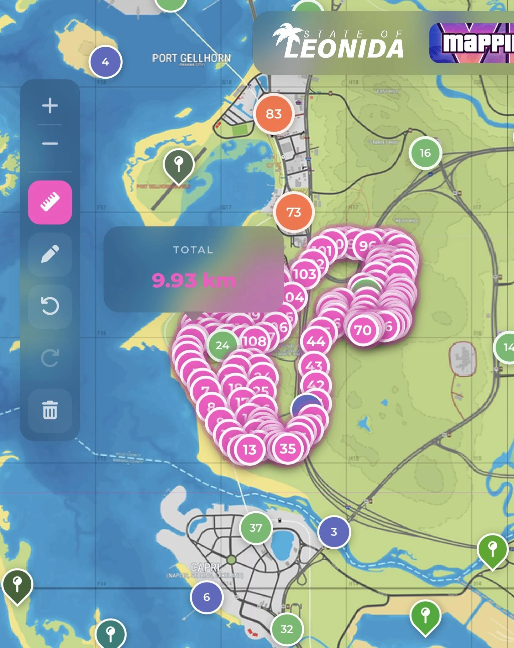 Il giro più lungo del Port Gellhorn Raceway tracciato sulla mappa dei fan, con una misura mostrata di 9,93 chilometri.