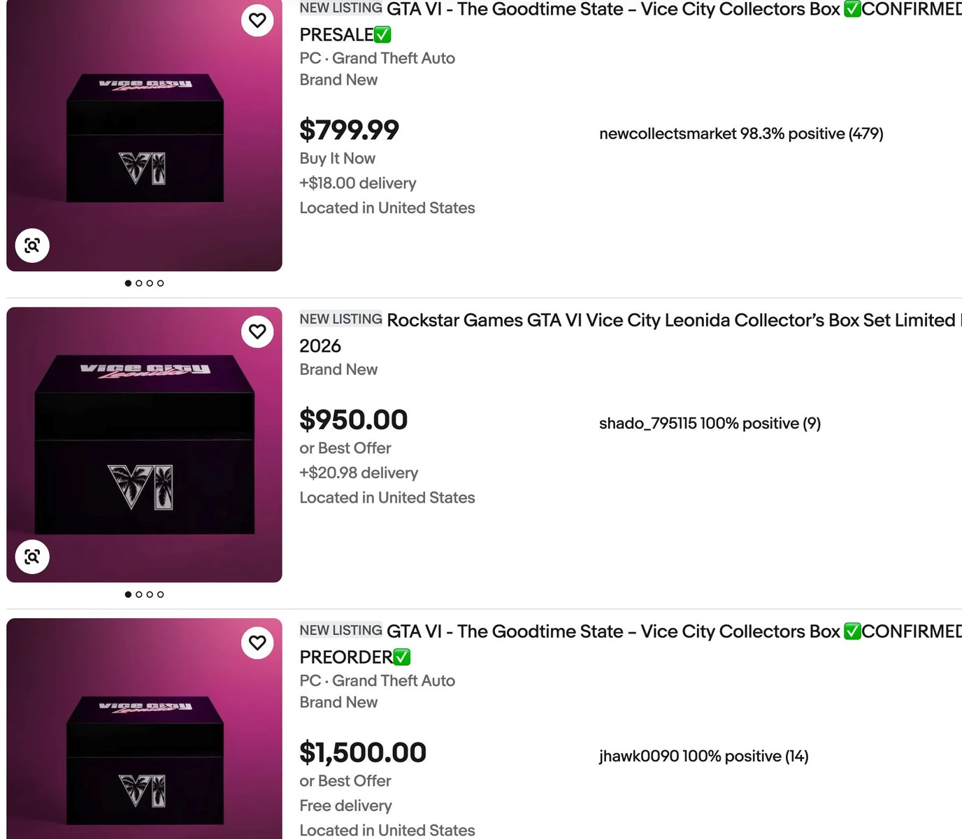 Schermata di tre inserzioni eBay della Collector’s Box di GTA VI, con prezzi richiesti di 799,99, 950 e 1.500 dollari.