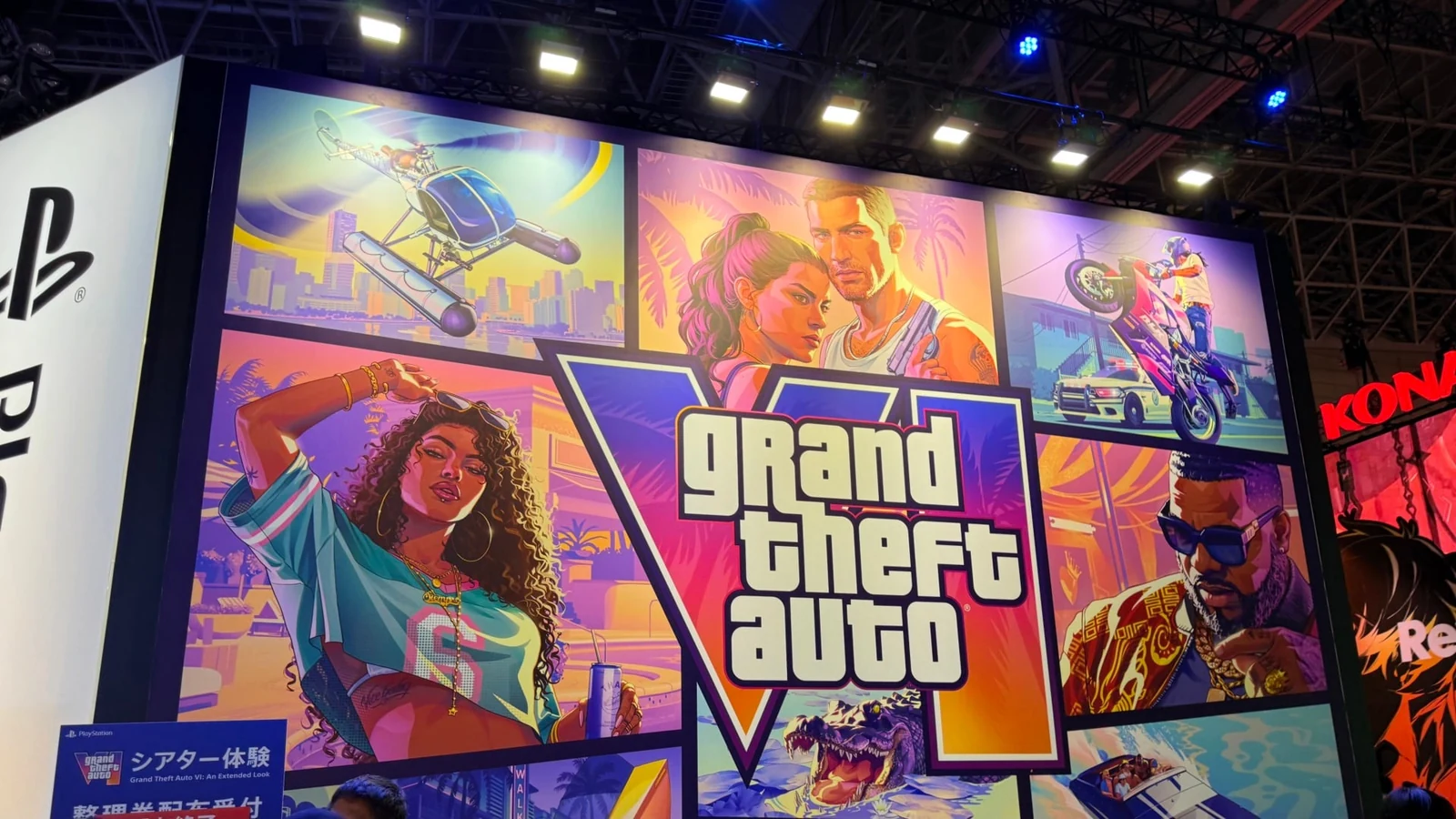 Parete del teatro di GTA 6 al Tokyo Game Show 2026, decorata con i personaggi e il logo del gioco.