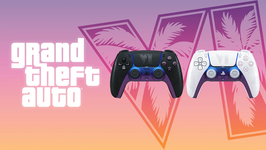 I controller DualSense di GTA VI nelle edizioni nera e bianca, davanti al logo del gioco.