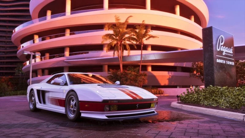 Grotti Cheetah bianca davanti a un edificio illuminato di rosa.
