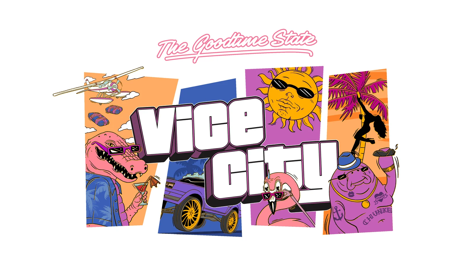 L’illustrazione della collezione The Goodtime State: Vice City, con un’auto e personaggi a fumetti.